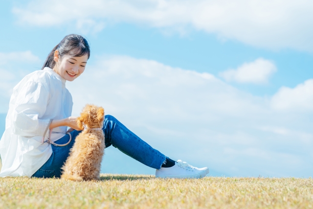 犬と座っている女性